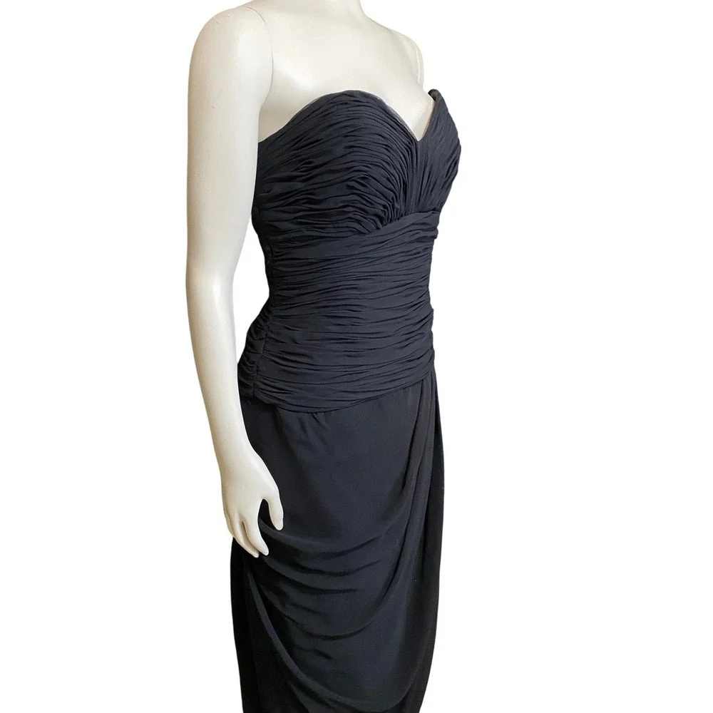 1990s Fred Hayman Beverly‎ Hills Strapless Ruched Evening Gown Black Dress 10